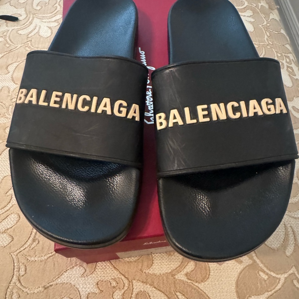 Balenciaga Black and Gold Slides